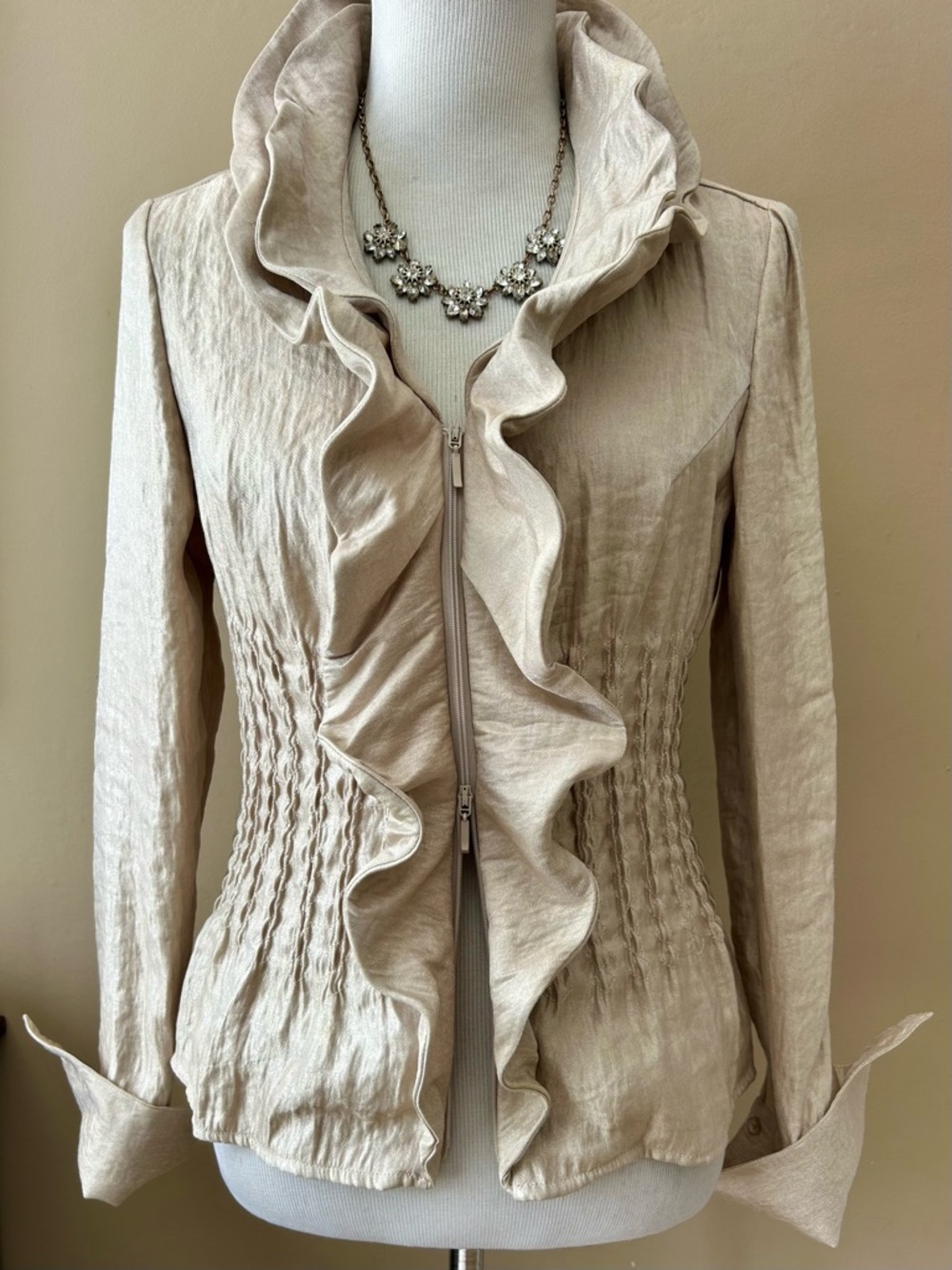 Samuel Dong Gold Blouse Wired Ruffle Moveable Collar Art to Wear French Cuffs S